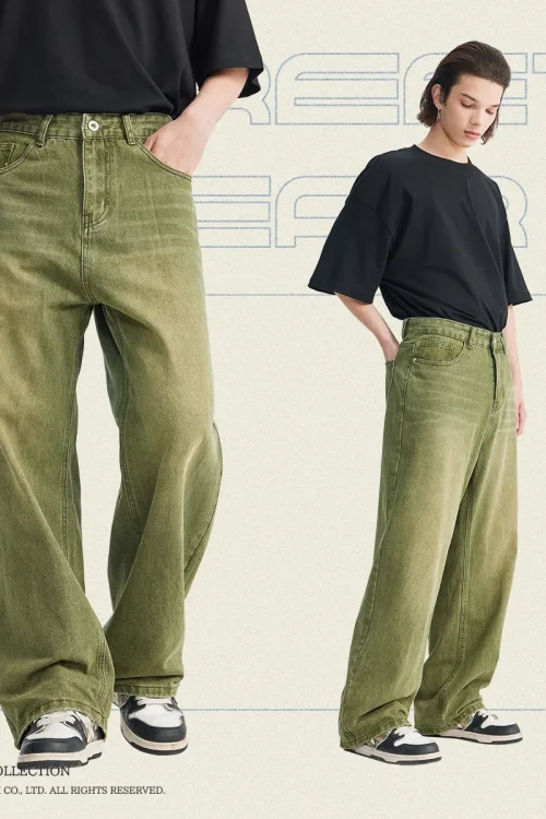 2025 Vintage Green Denim Jeans for Men Mid-Waist Straight Cut Slimming Loose Wide-Leg Casual Pants Floor-Length Medium