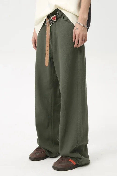 2025 Summer New Loose Men’s Japanese Retro Casual Green Waxed Denim Stonewashed High Pencil Pants Vintage Hip Straight