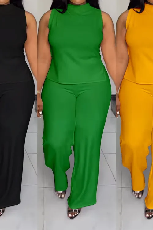 2025 Summer New Plus Size Women’s Casual Sleeveless Long Pants Set Solid Color Daily Wear Worsted Fabric Digital Printing