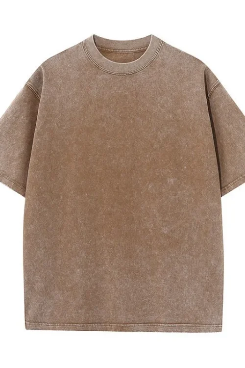 Washed Distressed 100% Cotton T-Shirt Trendy Retro Loose Fit O-Neck T-Shirt Snow Wash Drop Shoulder Knitted Oversize