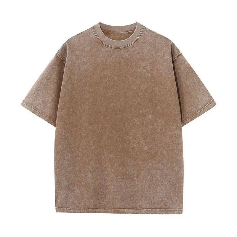 Washed Distressed 100% Cotton T-Shirt Trendy Retro Loose Fit O-Neck T-Shirt Snow Wash Drop Shoulder Knitted Oversize
