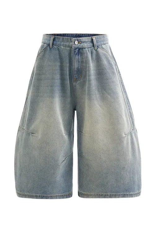 2025 Summer Fashion Vintage Breathable Washed Denim Jeans Shorts 3D Tailored Button Decorated Casual Loose Straight Shorts
