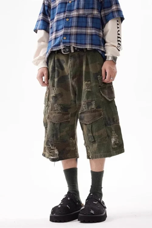 2025 American Retro Cropped Men’s Denim Pants Washed Distressed Camouflage Casual Loose Wide-Leg Ripped Summer Mid Straight