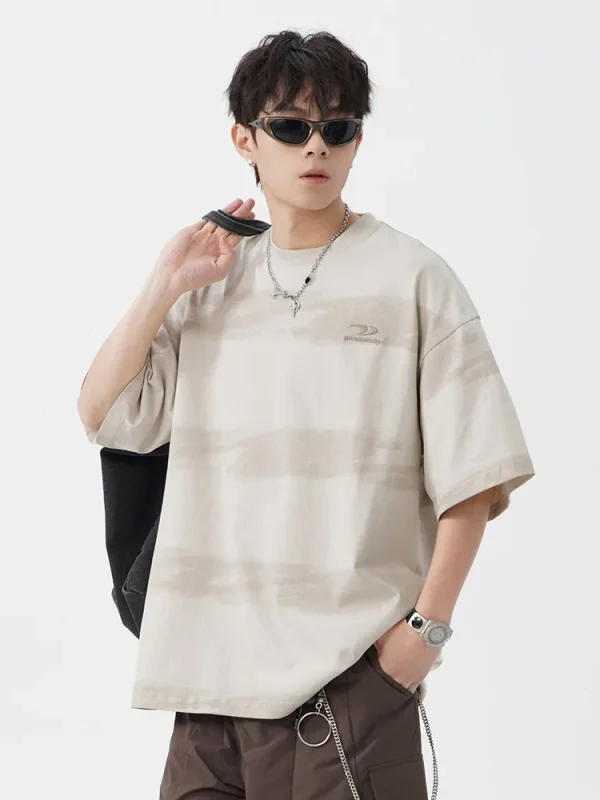 Men's Tie-Dyed Cotton T-Shirt Japanese Retro Style New Fashionable Embroidered Striped Design Summer Half-Sleeved T-Shirt - Image 3