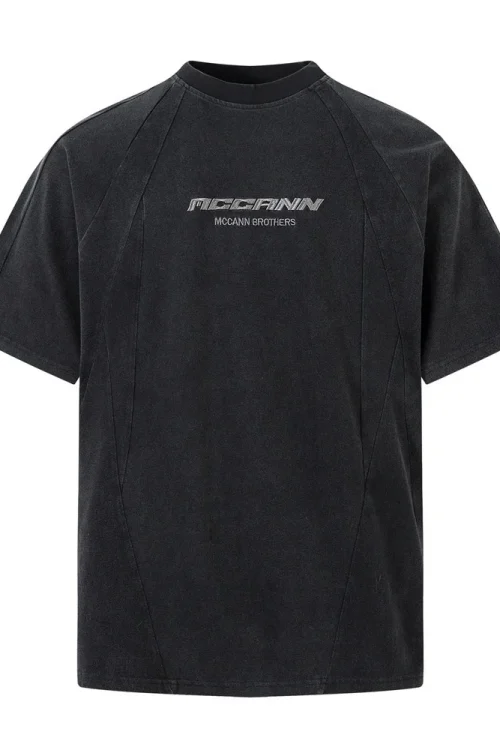 Trend Simple Embroidered Letters 100% Cotton Short Sleeved T-Shirt for Men Split Stitching Distressed Washed O-Neck T-Shirt