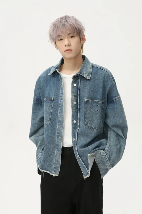 Men’s Trendy Denim Jacket New American Retro Punk Metal Decor Frayed Hem Casual Style Front Rabbit XS for Spring