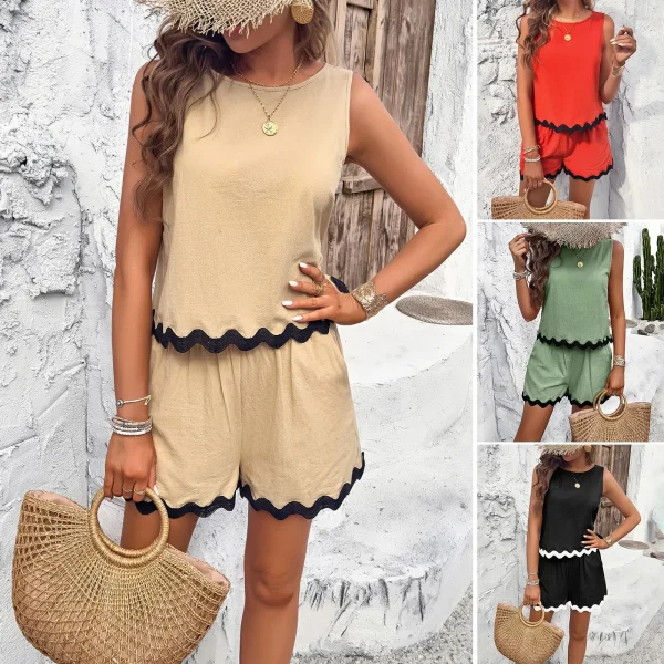 Women's Casual Fashion Lace Short Pants Set for Spring Summer XL Embroidered  Pleated Patchwork Bow Printed Dress - Image 2