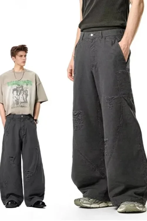 Casual Fashion Washed Cut Scythe Mens Pants Spring Summer 25 New American Street Baggy Scythe Wide Leg Cargo Pants