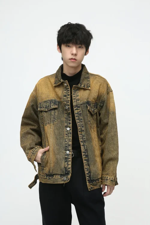 2025 Men’s Fashion Autumn New American High Street Hip-Hop Style Washed Vintage Denim 100% Cotton Jacket