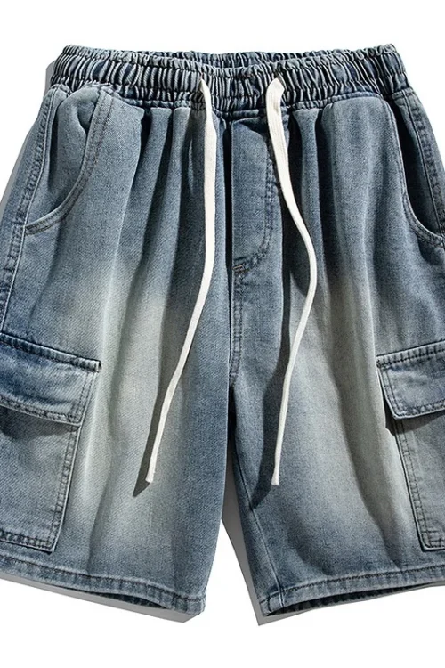2025 Summer Men’s Fashion Mid-Length Cargo Denim Shorts New Elastic Waist Cool Hip Hop Breathable Loose for College Students