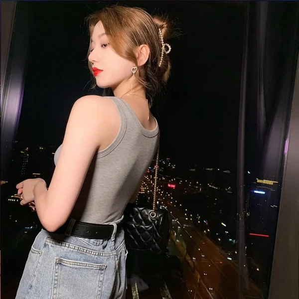 Women's Summer Spring Sleeveless Camisole Vest Direct Sale Ribbed Anti-Exposure Inner Layer Short Outer Wear - Image 3