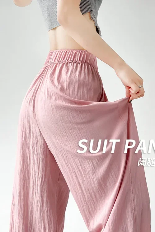 Petite XL Summer Casual Wide-Leg Pants Loose Cotton Linen Elastic Waist Draped Lazy Style Ice Silk Front Flat Long for Women