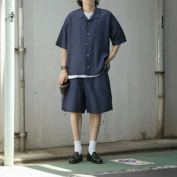 Summer Casual Unisex Shirt and Shorts  Denim Set New Oversized Cuban Collar Thin Denim Solid Turn-Down Collar Loose Fit - Image 2