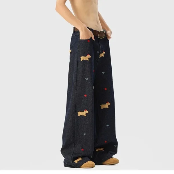 2025 Spring Fall New Arrival American Retro Puppy Embroidered Wide-Leg Jeans Men's/Women's Casual Loose Denim Medium - Image 2