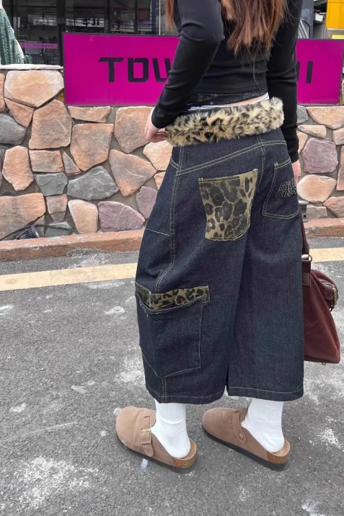 2025 European American Hiphop Street Pants Leopard Print Splicing Scimitar Jeans Embroidered Wide-Leg Cargo Pants Waist