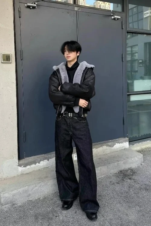 2025 New Style Old Money Black Red Cow Jeans Raw Straight Leg Slightly Flared Wide A-Line Mid Waist Loose Casual A-Line Jeans