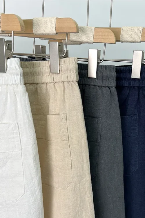 Men’s Summer Casual Mid-Length Cotton Linen Shorts Mid-Length Shorts Anti-Wrinkle Feature Washed Decoration