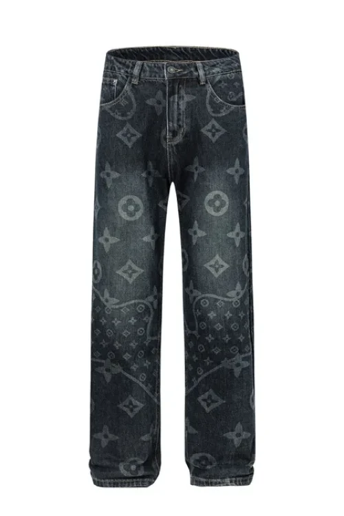 2025 New American Style Men’s Jeans Fun Print Fashion High Street Trendy Washed Straight Wide Leg Denim Fabric Pants