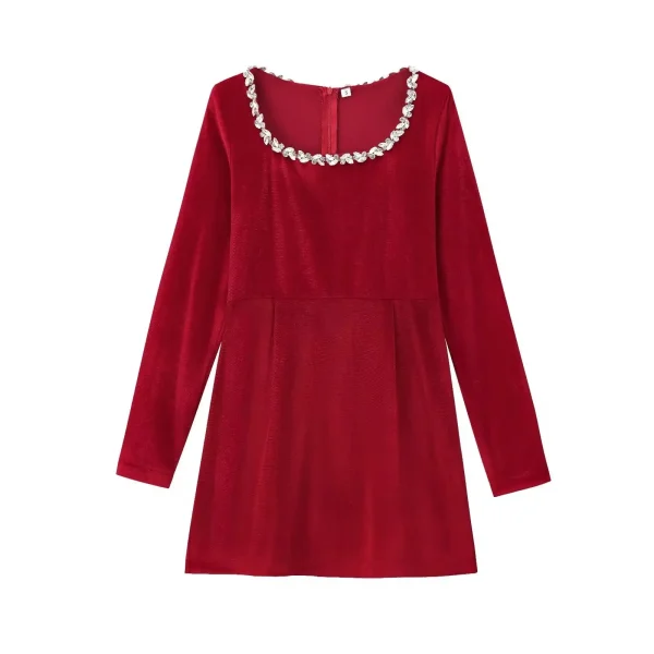 2025 European American Women's Cross-Border Holiday Banquet Dress Velvet Slim-Fitting Diamond Fashion Long-Sleeved Hepburn Style - Image 4