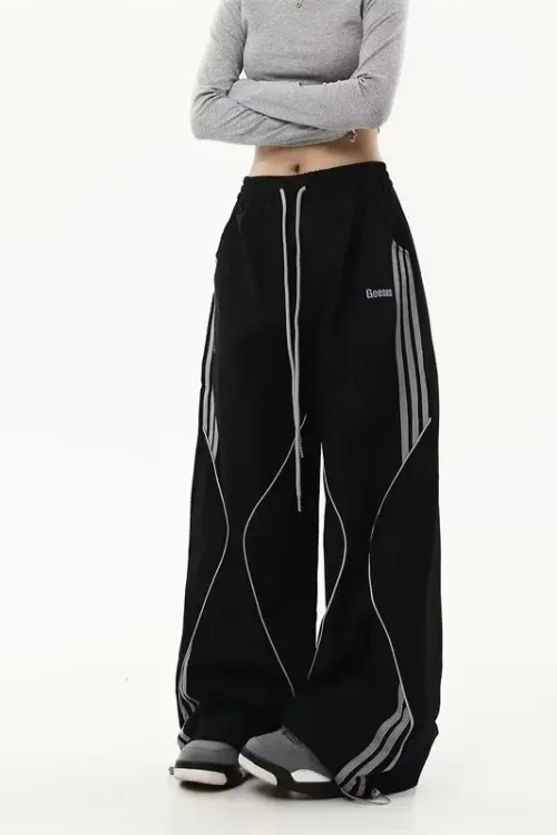 American-Style Solid Color Cargo Pants for Women Retro Striped Sweatpants Trendy Jazz Dance Hip-Hop Breathable