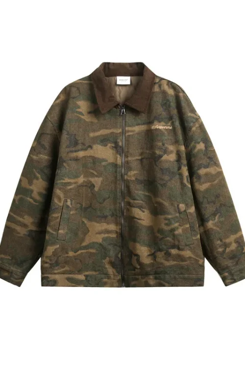 2025 Spring New Japanese Retro Style Unisex Cardigan Trendy Rabbit Fur Lapel Camouflage Jacket Coat Front Zipper Finished