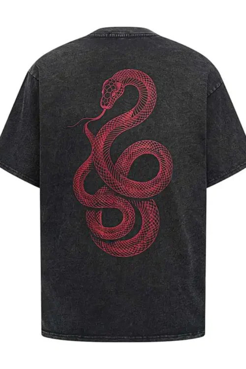 Men’s Casual Top 100% Cotton Snake Print T-Shirt Distressed Washed Loose Top Short Sleeved T-Shirt Ins Street Fashion for Summer