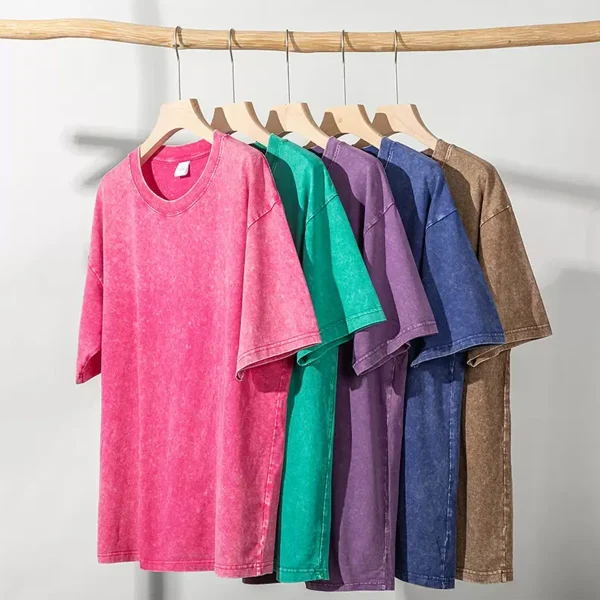 Washed Distressed 100% Cotton T-Shirt Trendy Retro Loose Fit O-Neck T-Shirt Snow Wash Drop Shoulder Knitted Oversize - Image 5