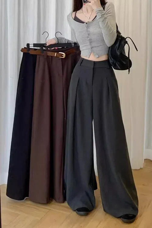 Autumhigh Casual Suit Pants High Waist Slimming Straight-Leg Draped Mop Design Easy Match Flat Front Elastic Waist