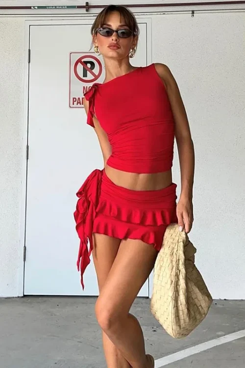 2025 New Women’s Fashion European American Style Sleeveless Neck Vest Navel Slim-Fit Short Length Knee Skirt Summer Skinny Solid