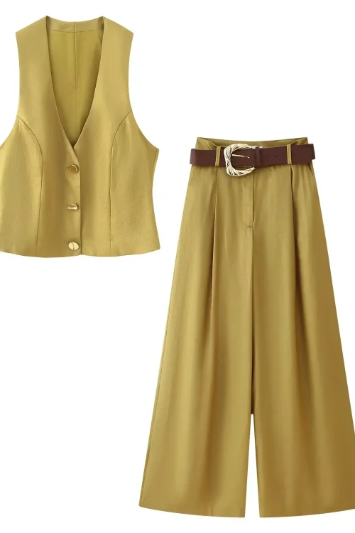 Women’s Summer Casual Wide Leg Trousers Suit Gold Button Decorated Top Belt New Design 7484091 Available for