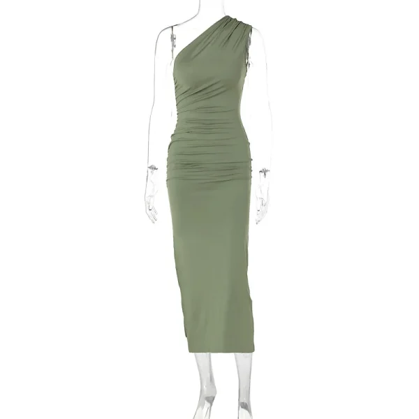 2025 Summer European American Style Cross-Border Asymmetrical Shoulder Solid Color Slit Sleeveless Elegant Slim Evening Dress - Image 6