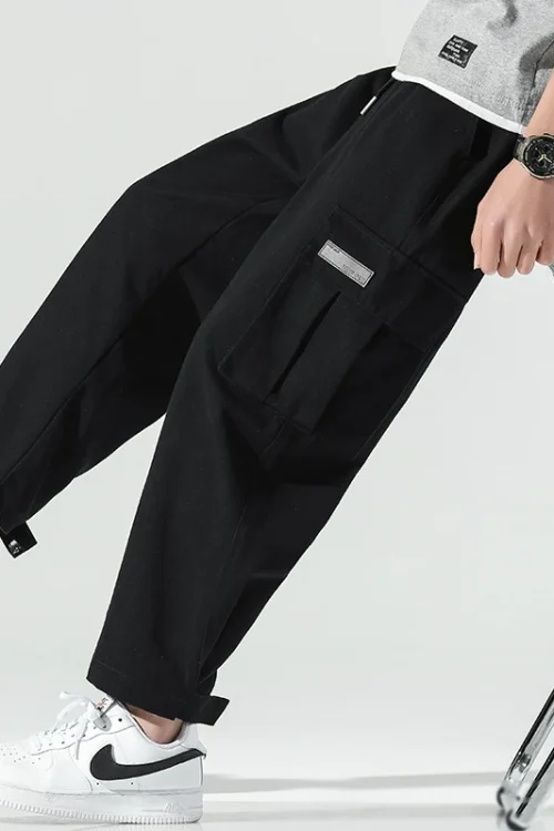 Autumn Men’S Cargo Pants Loose Wide Leg Casual Trousers for Men Black Khaki Drawstring School Male Clothes Streetwear