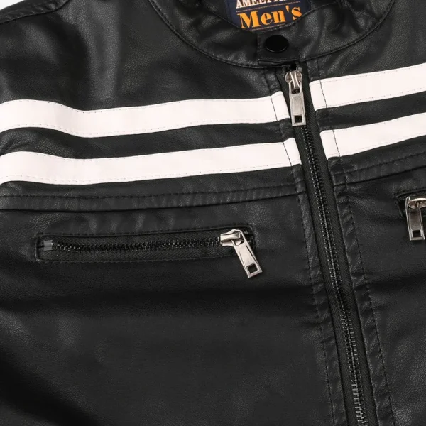 2025 New Design Men's PU Leather Jacket With Velvet Collar Patchwork Motorcycle Leather Jacket Pocket Decoration PU Coat for Men - Image 6