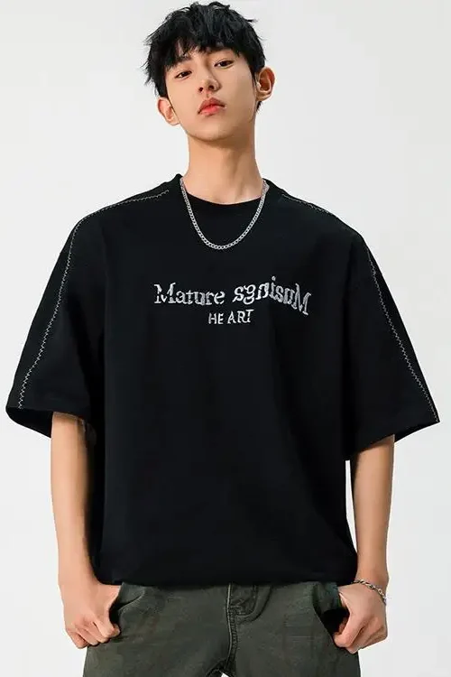 Men’s Summer Half Sleeve T-Shirt Solid Pattern Cotton High Street Textured Embroidery Color-Block Stitching Broken Letter Design