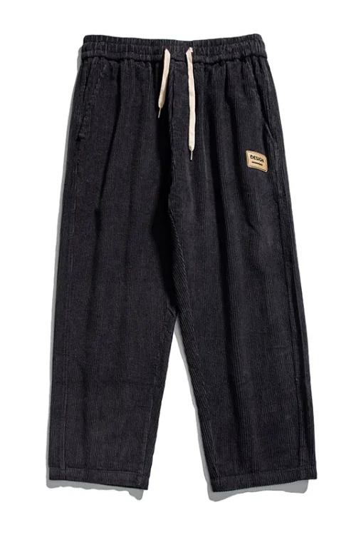Corduroy Pants Plain Loose Drawstring Casual Blank Khaki Wide Leg Corduroy Pants for Men