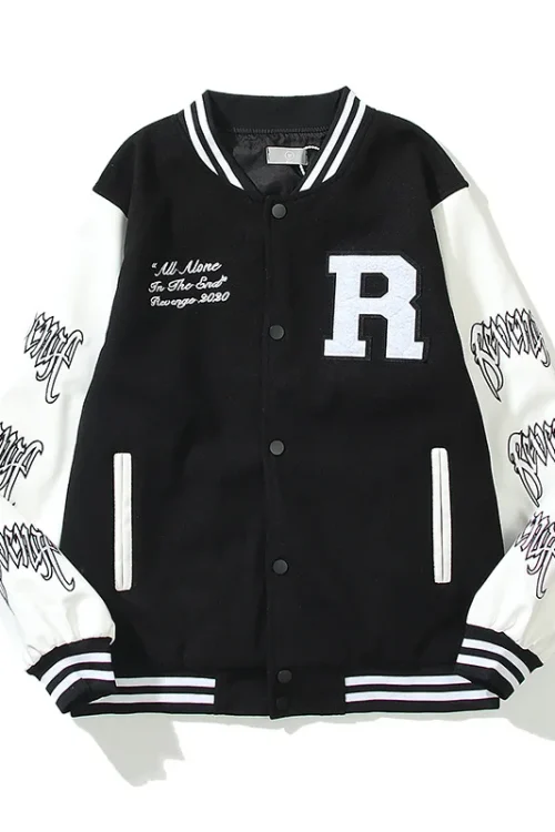 Vintage Bomber Wool Winter Leather Sleeves Embroidered Varsity Jacket for Men