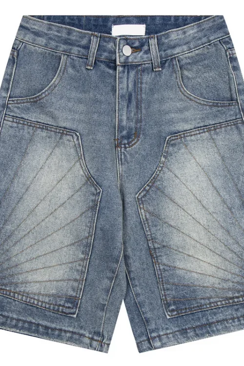 25Ss Men’s Fashion Trend Summer Casual Five-Point Embroidered Denim Shorts Old Yellow Washed Workwear Style Jorts