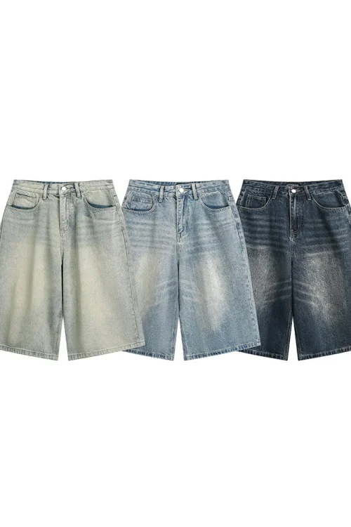 MDQ Men’s Cropped Denim Shorts 100% Cotton American Retro Vintage Button Mid Loose Fit New Washed Print for Summer Casual