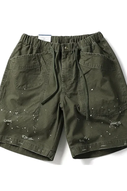 High Street Summer Cargo Shorts for Men Trendy 100% Cotton Knitted Personalized Ripped Paint Splashes Loose Casual Shorts Pants