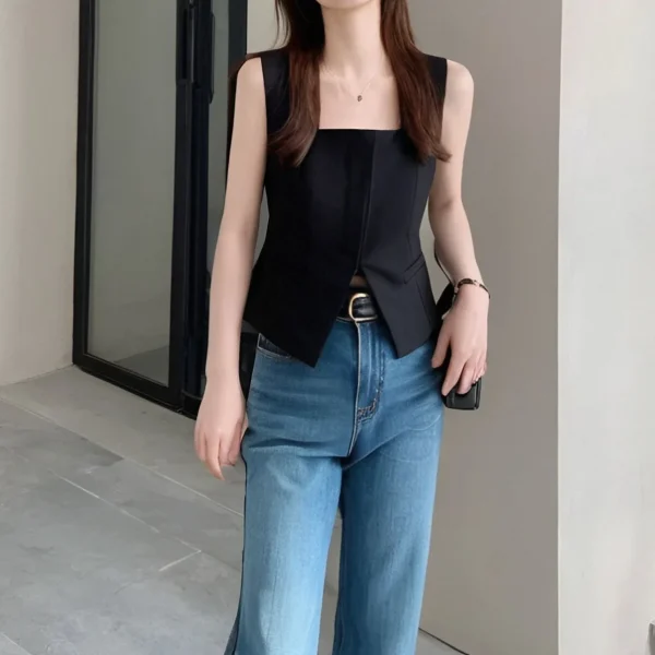 Women's 2025 Summer Casual Sleeveless Vest with Square Neck New Design Sense Niche Hollow Out Split Fashion Top Black - Image 2