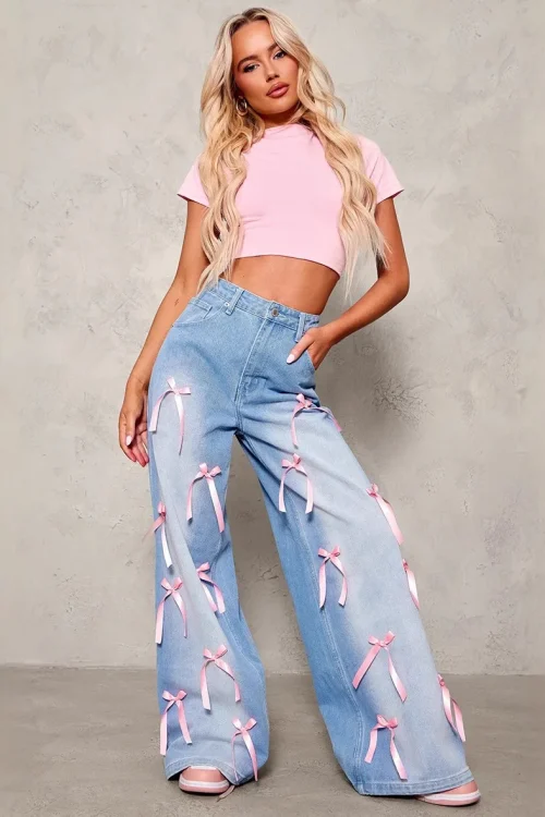 Women’s Old Street Style High Waist Wide-leg Jeans Breathable Denim Button Decoration Casual Baggy Cut Boot Cut Summer Solid