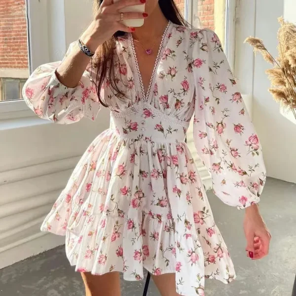 2025 European American Women's Floral V-Neck Lace Dress New Export Style Sweet Temperament Printed Summer Plain Dyed Short Dress - Image 5