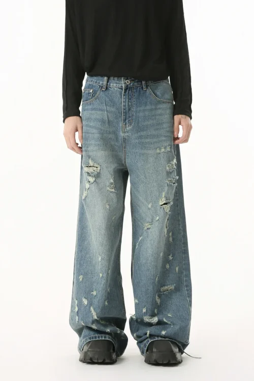 2025 New Men’s Unique Irregular Ripped Straight Wide Leg Jeans High Street Casual Denim Pants Washed Distressed Baggy Jeans