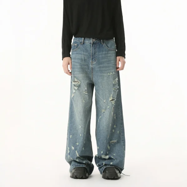 2025 New Men's Unique Irregular Ripped Straight Wide Leg Jeans High Street Casual Denim Pants Washed Distressed Baggy Jeans