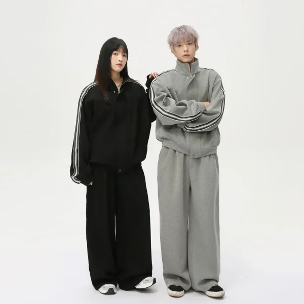 Men's Fashion New Casual Pants Zipper Jacket Side Stripe Color-Block Design Stand Collar Loose Fit Track Suit for Men