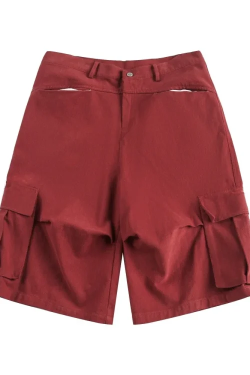 Men’s Summer Vibe Trendy American Style Cargo Denim Shorts Solid Color Pleated Pocket Design Loose Casual Knee-Length Shorts