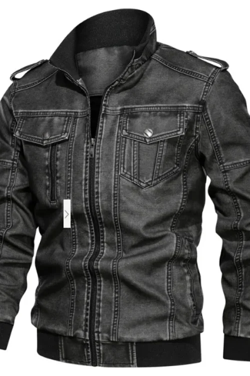 Washed Old Motorcycle Leather Jacket Men’s Large Size Jacket Plain Dyed Euramerican Style Men’s PU Stand 100% Polyester Knitted