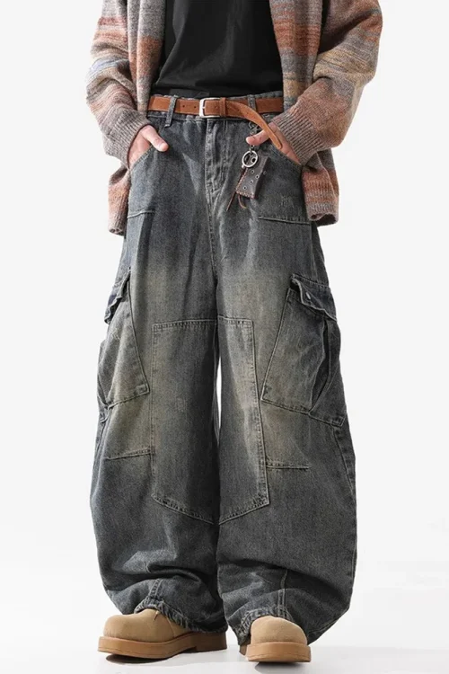 2025 Spring/Autumn New Style Men’s Scimitar Jeans Fashionable Wide-Leg Cargo Pants Multi-Flap Pocket Street-Made