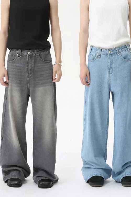 2025 Men’s Retro Cleanfit White Jeans Trendy Summer Casual Mid American High Street Wide Leg Straight Distressed Dark