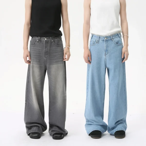 2025 Men's Retro Cleanfit White Jeans Trendy Summer Casual Mid American High Street Wide Leg Straight Distressed Dark